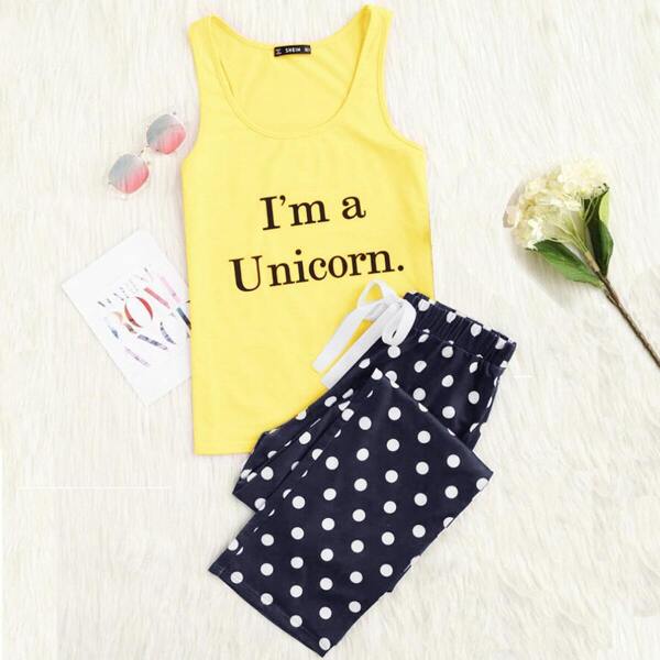 

Plus Slogan Print Tank Top & Polka Dot Pants Set