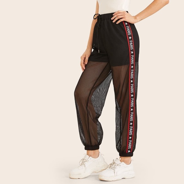 

Star and Letter Tape Side Fishnet Mesh Overlay Wind Pants