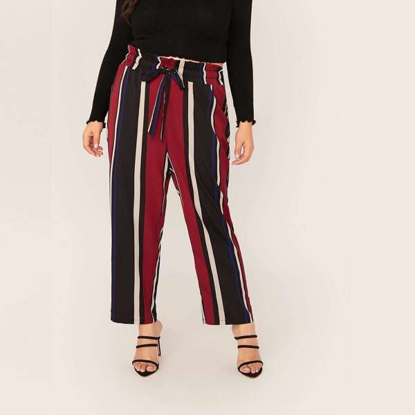 

Plus Drawstring Paperbag Waist Striped Pants