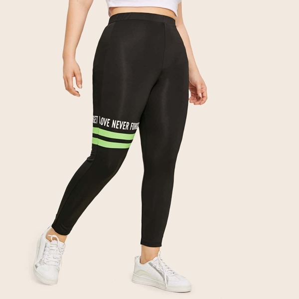 

Plus Slogan and Striped Print Leggings