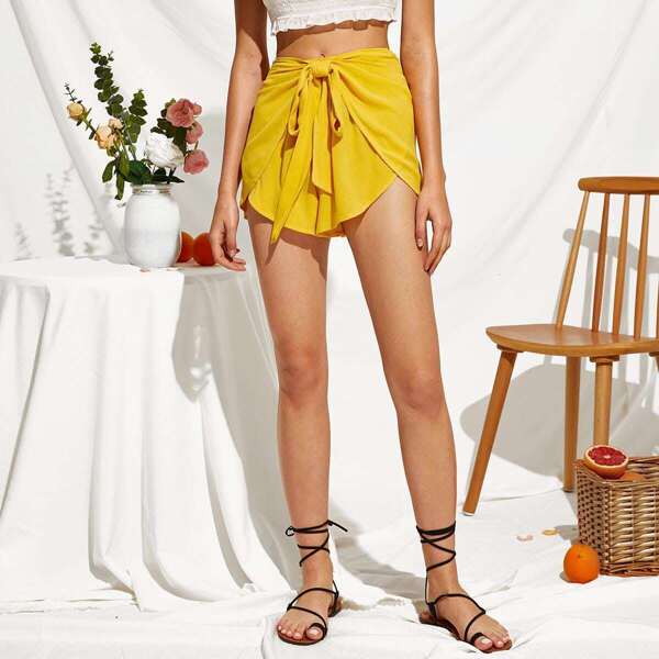 

Tie Front Wrap Shorts, Yellow bright