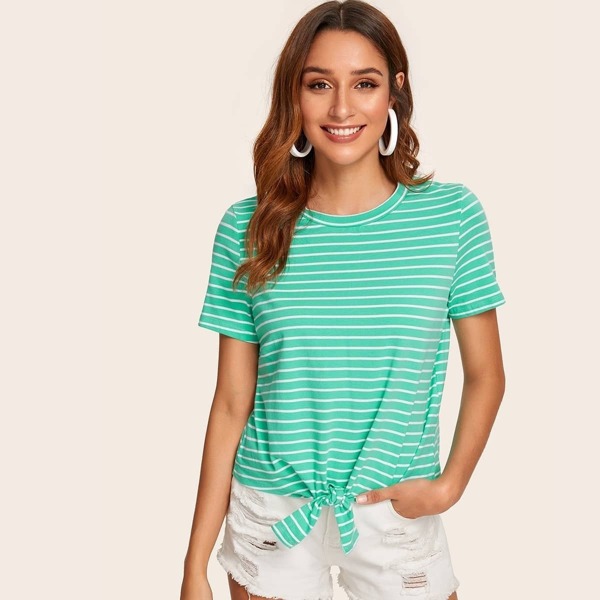 

Knot Hem Striped Tee, Green