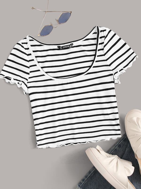 

Striped Lettuce Trim Rib-knit Top, White