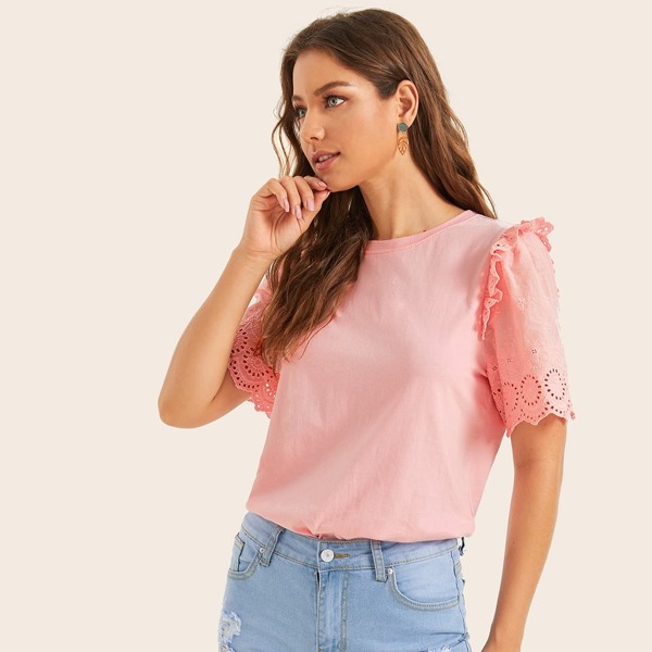 

Ruffle Trim Eyelet Embroidery Sleeve Top, Pink pastel