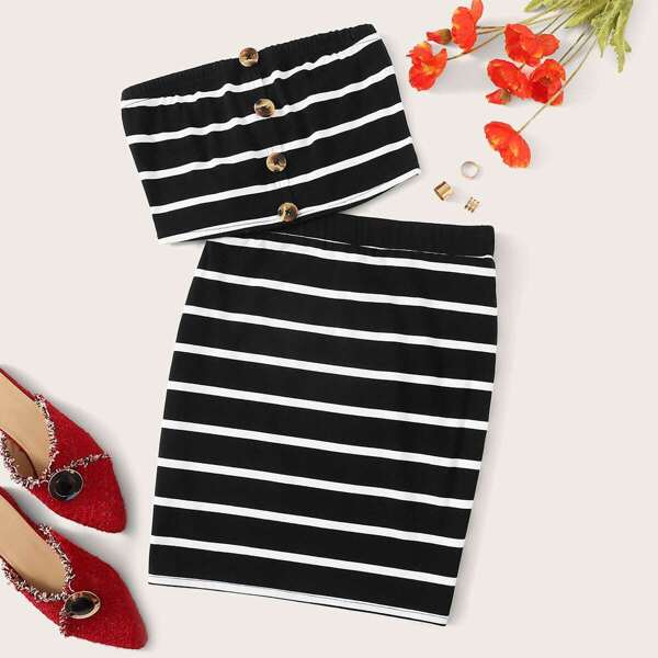 

Button Front Striped Bandeau Top & Pencil Skirt Set