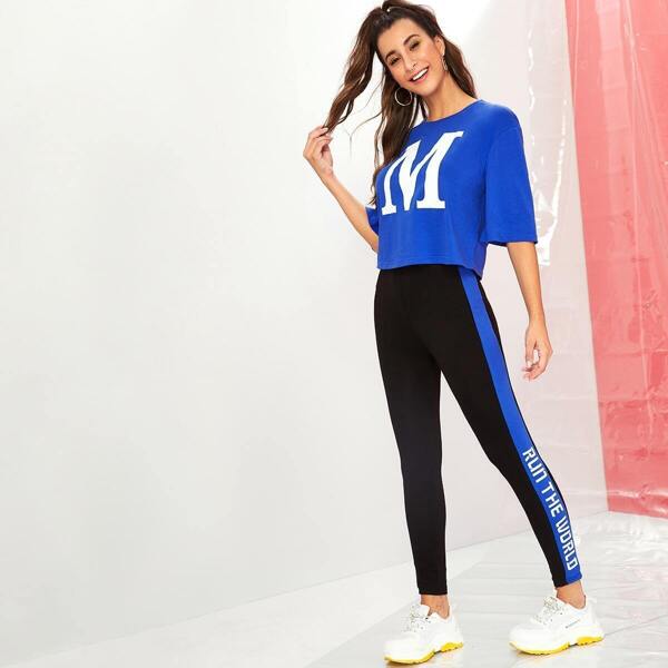 

Letter Graphic Tee & Contrast Side Seam Leggings Set, Multicolor