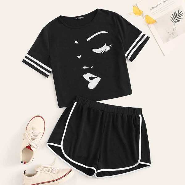

Striped Sleeve Figure Print Top & Dolphin Shorts Set
