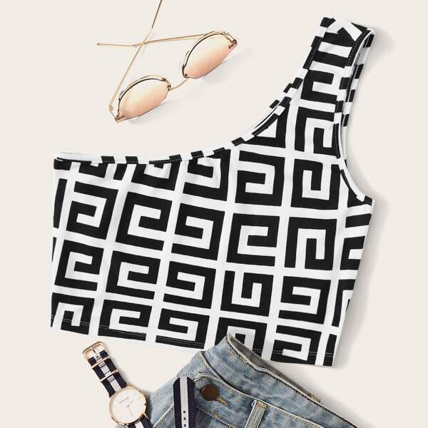 

Greek Fret Print One Shoulder Tank Top