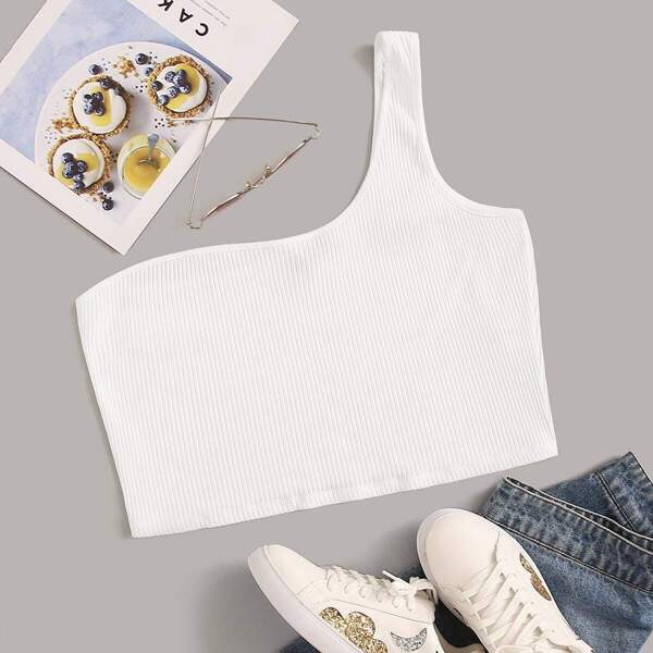 

Plus One Shoulder Rib-knit Crop Top, White