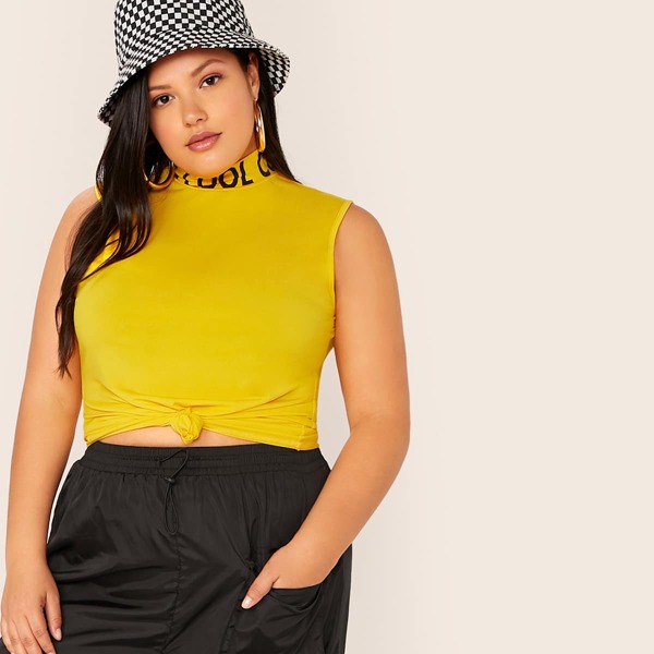 

Plus Letter Print Turtleneck Fitted Tank Top, Yellow bright