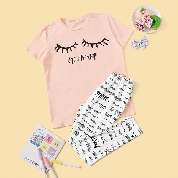 

Girls Eyelash and Letter Graphic Tee and Pants PJ Set, Multicolor