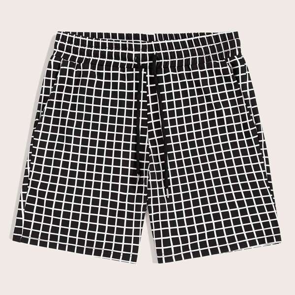 

Men Drawstring Waist Slant Pocket Grid Shorts, Black and white