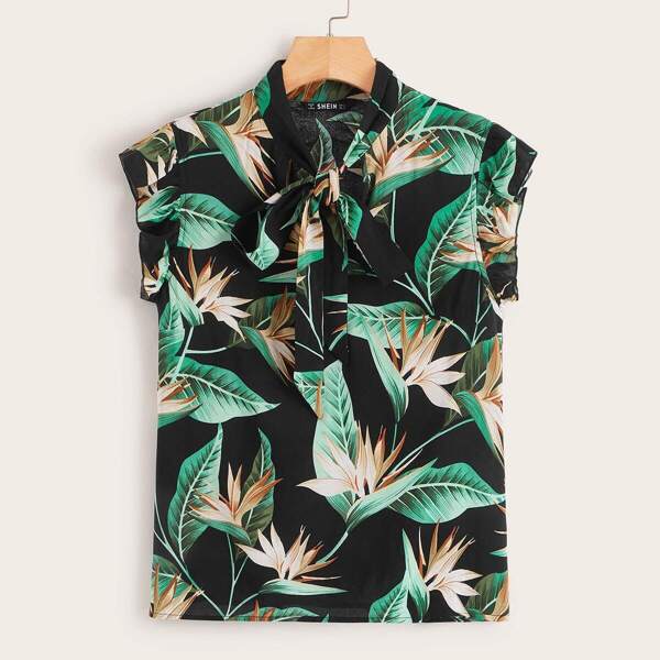 

Tropical Print Tie Neck Ruffle Trim Top