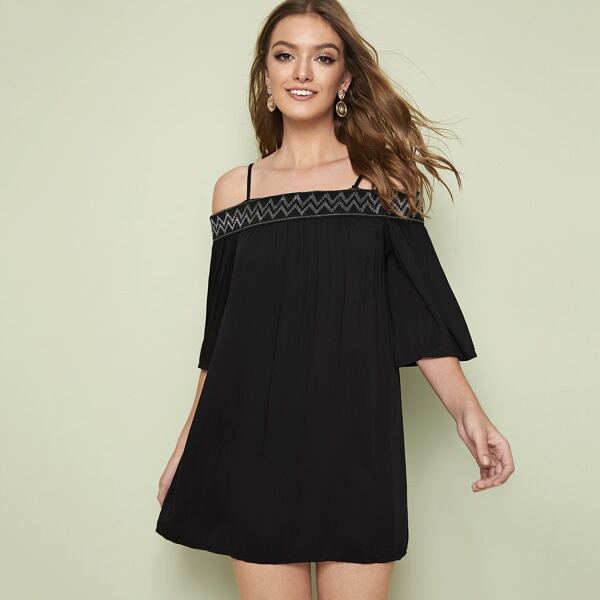 

Tape Panel Cold-shoulder Cami Dress, Black