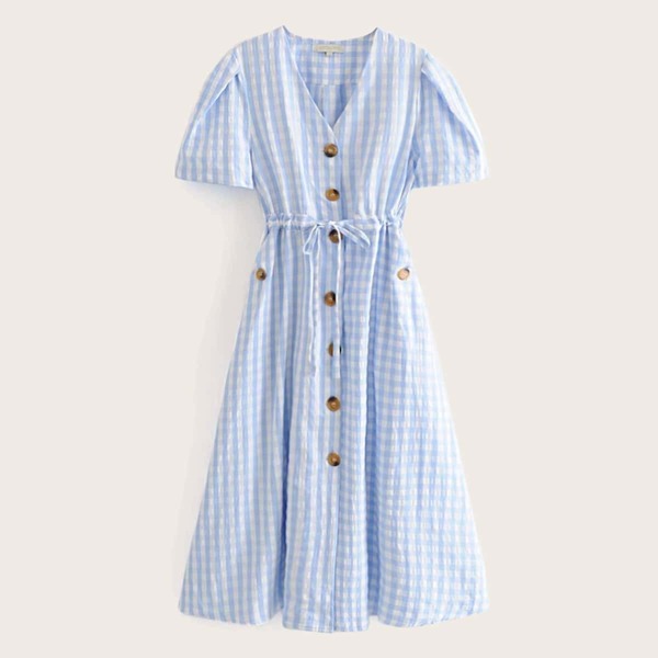 

Gingham Drawstring Waist Button Front Dress