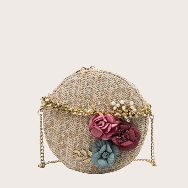 

Floral Applique Round Shaped Woven Bag, Khaki