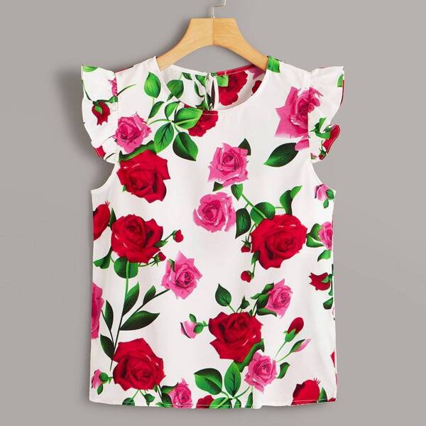 

Rose Print Ruffle Sleeve Blouse