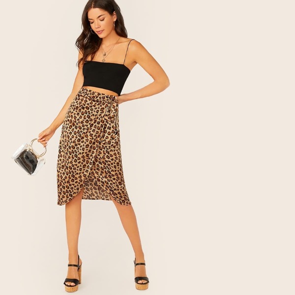 

Side Tie Leopard Midi Wrap Skirt