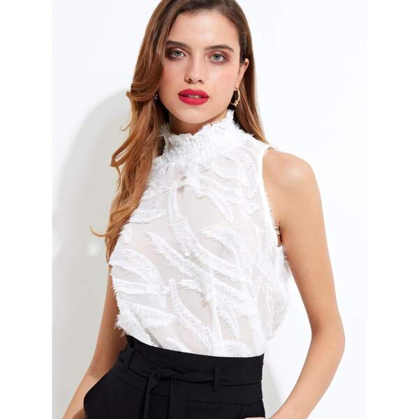 

High Neck Feather Blouse, White