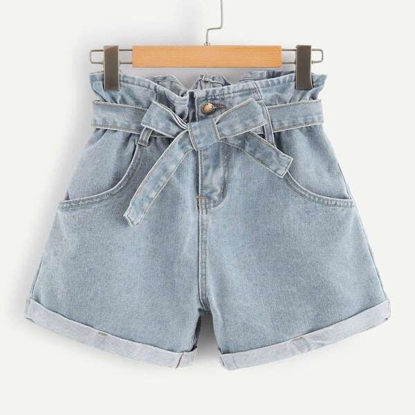 

Paperbag Waist Self Belted Rolled Hem Denim Shorts
