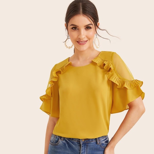 

Solid Mesh Insert Ruffle Trim Blouse