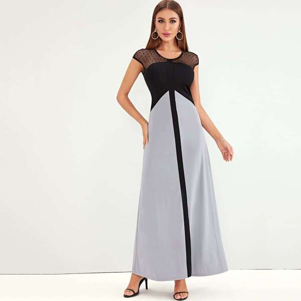 

Dobby Mesh Insert Colorblock Sheer Back Dress
