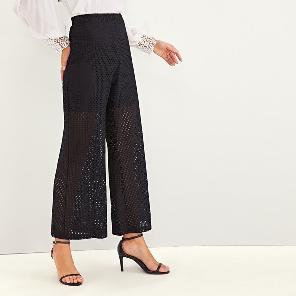 

Solid Fishnet Elastic Waist Wide Leg Pants