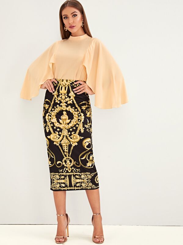 

Solid Cloak Sleeve Top & Baroque Bodycon Skirt Set, Multicolor, Hanna