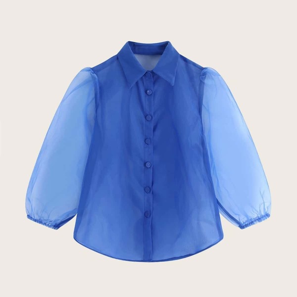 

Solid Button Front Organza Blouse