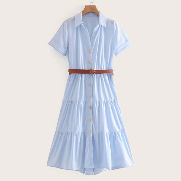 

Button Front Belted Shirt Dress, Blue