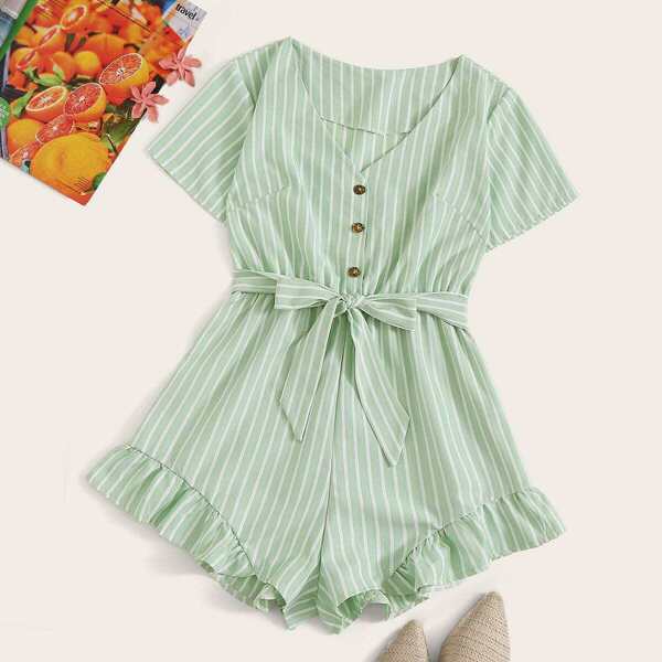 

Striped Ruffle Hem Belted Romper, Green
