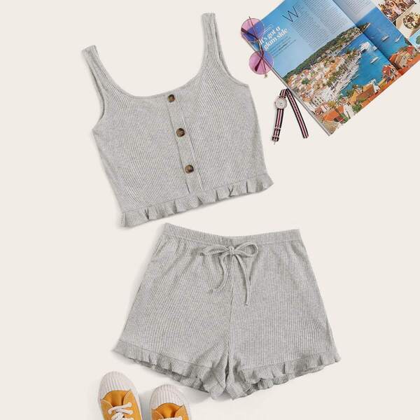 Solid Rib-knit Frill Tank Top & Drawstring Shorts, Grey