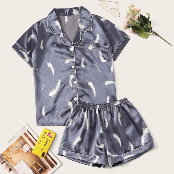 

Feather Print Button-up Satin Pajama Set