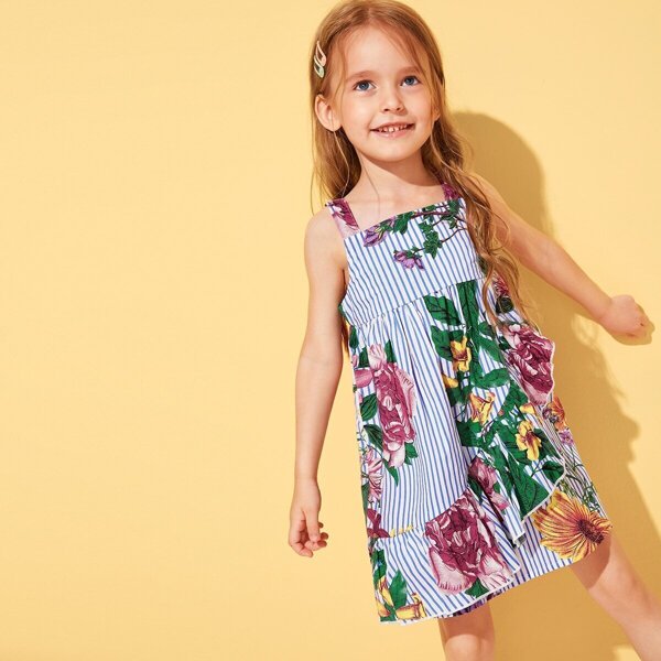 

Toddler Girls Floral & Stripe Print Ruffle Trim Slip Dress, Multicolor