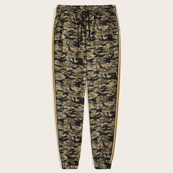 

Men Contrast Side Striped Drawstring Waist Camo Pants