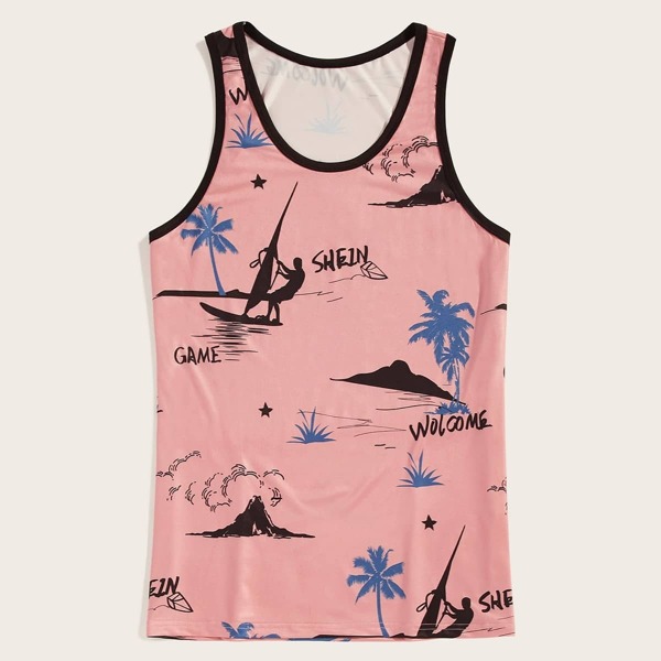 Men Tropical And Letter Print Contrast Binding Tank Top