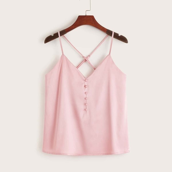 

Covered Button Criss-cross Satin Cami Top