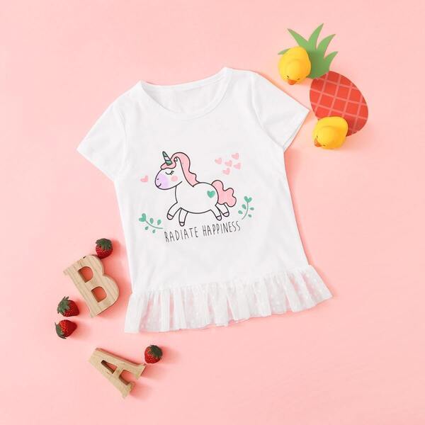

Toddler Girls Cartoon & Letter Print Dobby Mesh Hem Top