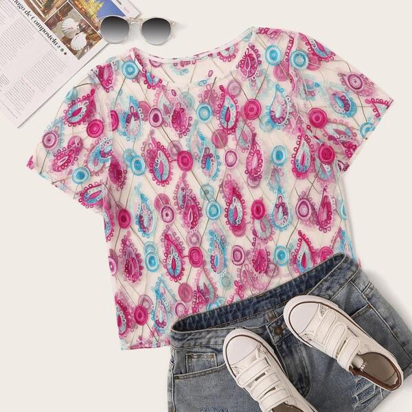 

Paisley Embroidered Mesh Sheer Top