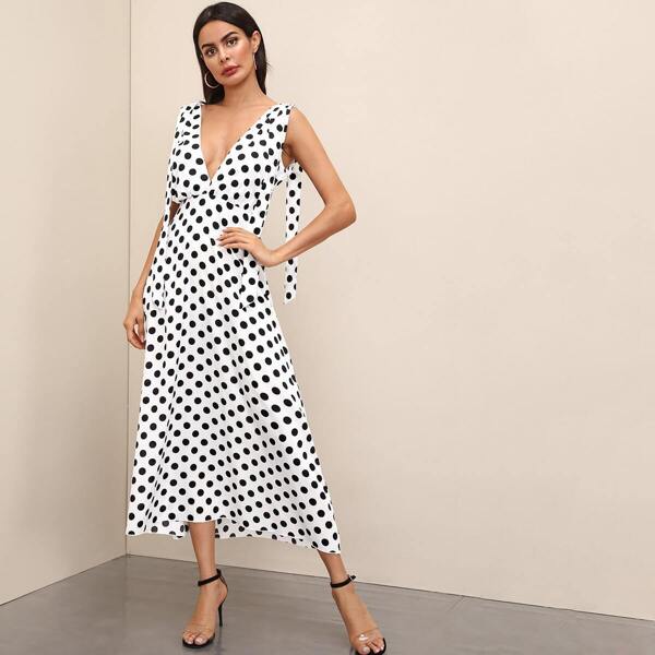 

Polka-dot Print Deep V Neck Dress, White