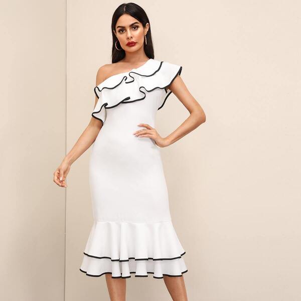 

Asymmetrical Neck Ruffle Layered Hem Dress