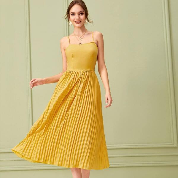

Solid Criss-cross Lace Up Detail Pleated Slip Dress