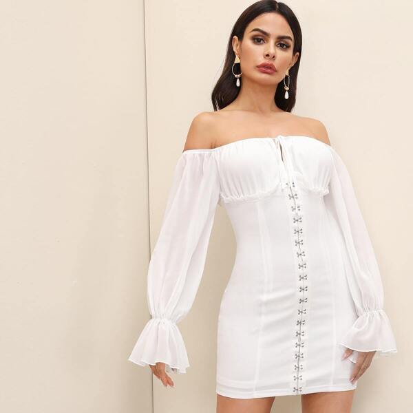 

Off Shoulder Flounce Sleeve Tie Front Skinny Dress