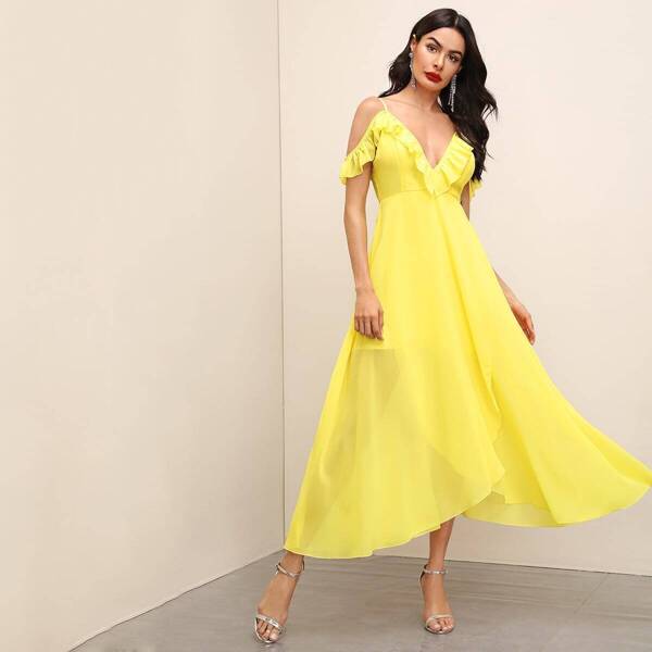 

Asymmetrical Hem Cold Shoulder Ruffle Trim Dress, Yellow bright