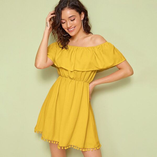 

Solid Off Shoulder Ruffle Trim Pompom Detail Dress