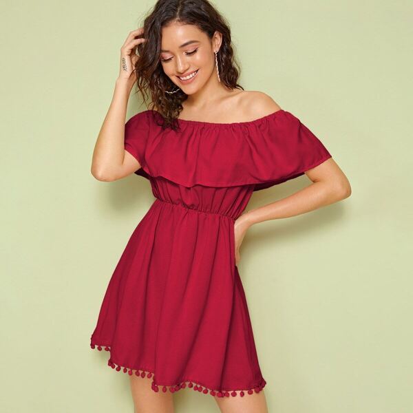 

Solid Off Shoulder Ruffle Trim Pompom Detail Dress