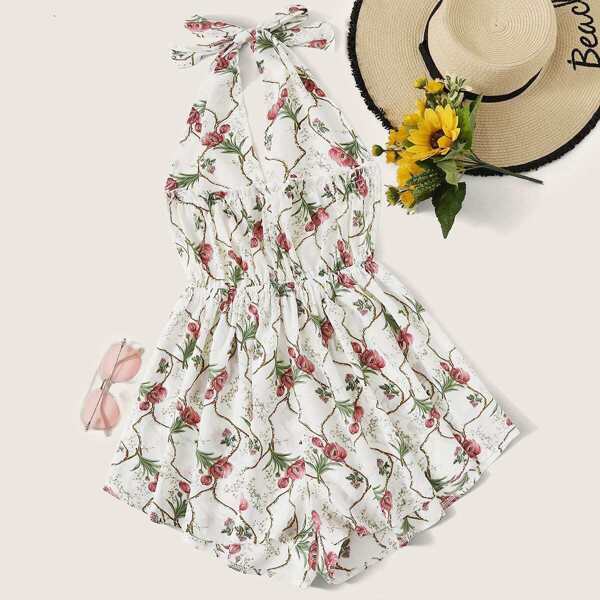 

Floral Print Backless Wide Leg Halterneck Romper