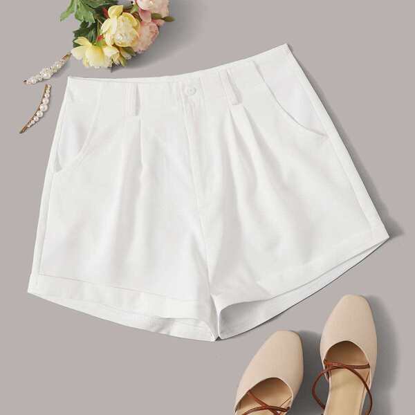 

Solid Rolled Hem Slant Pocket Shorts