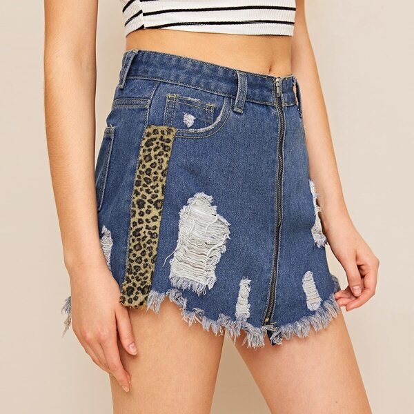 

Zip Front Leopard Panel Ripped Denim Skirt