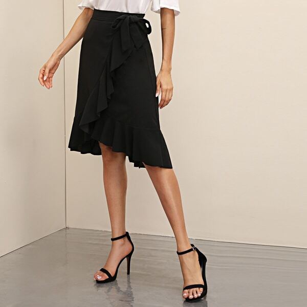 Solid Asymmetrical Ruffle Hem Wrap Knotted Skirt